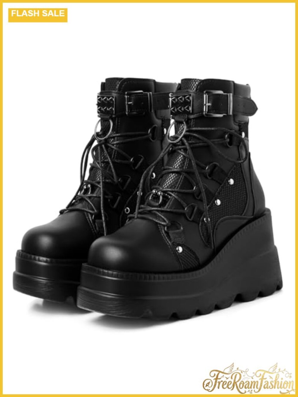 Holographic Platform Boots Vegan PU Leather Lace Up Studded Buckle Goth Combat